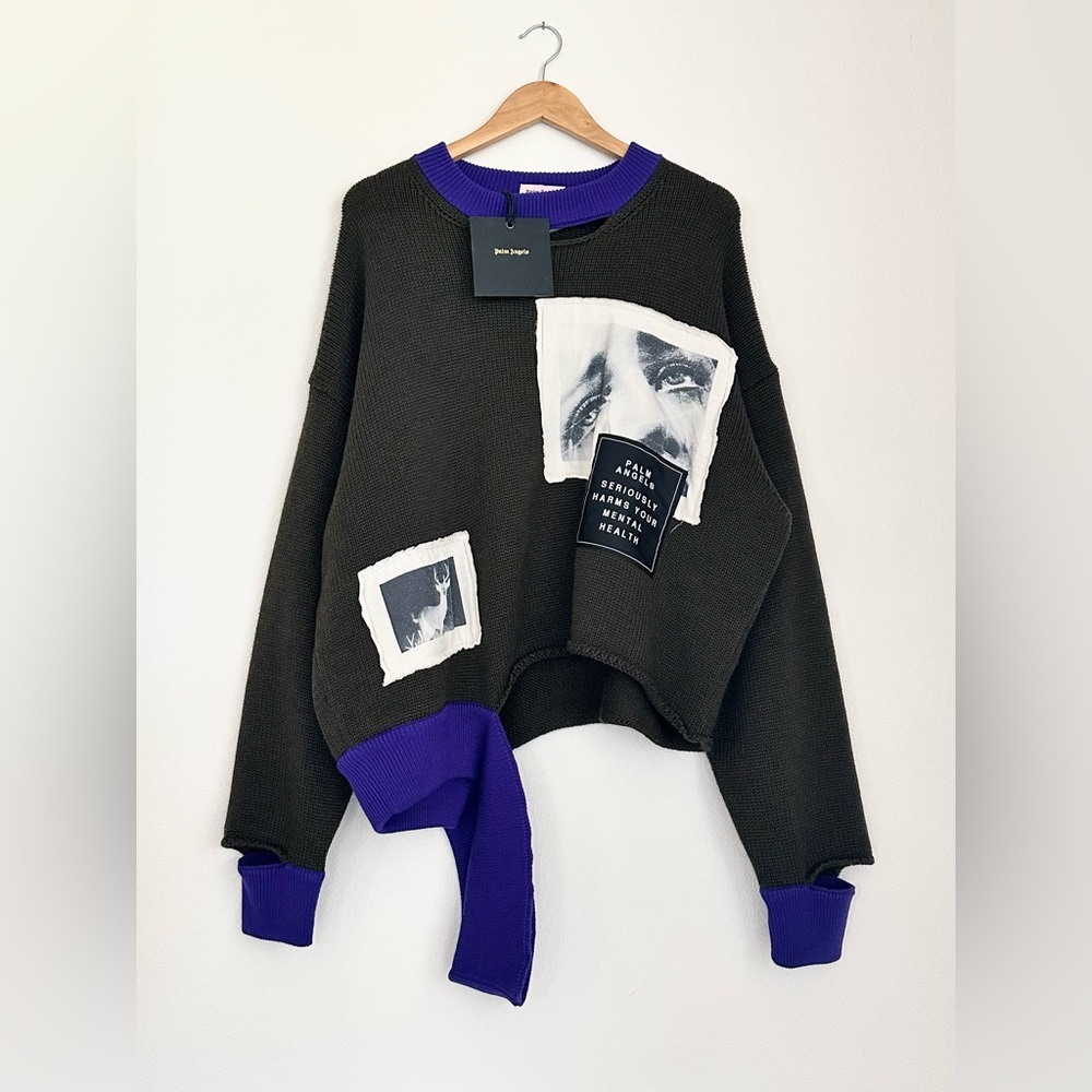 BRAND NEW PALM ANGELS LOOSE KNIT SWEATER WITH GRAPHIC PATCHES
